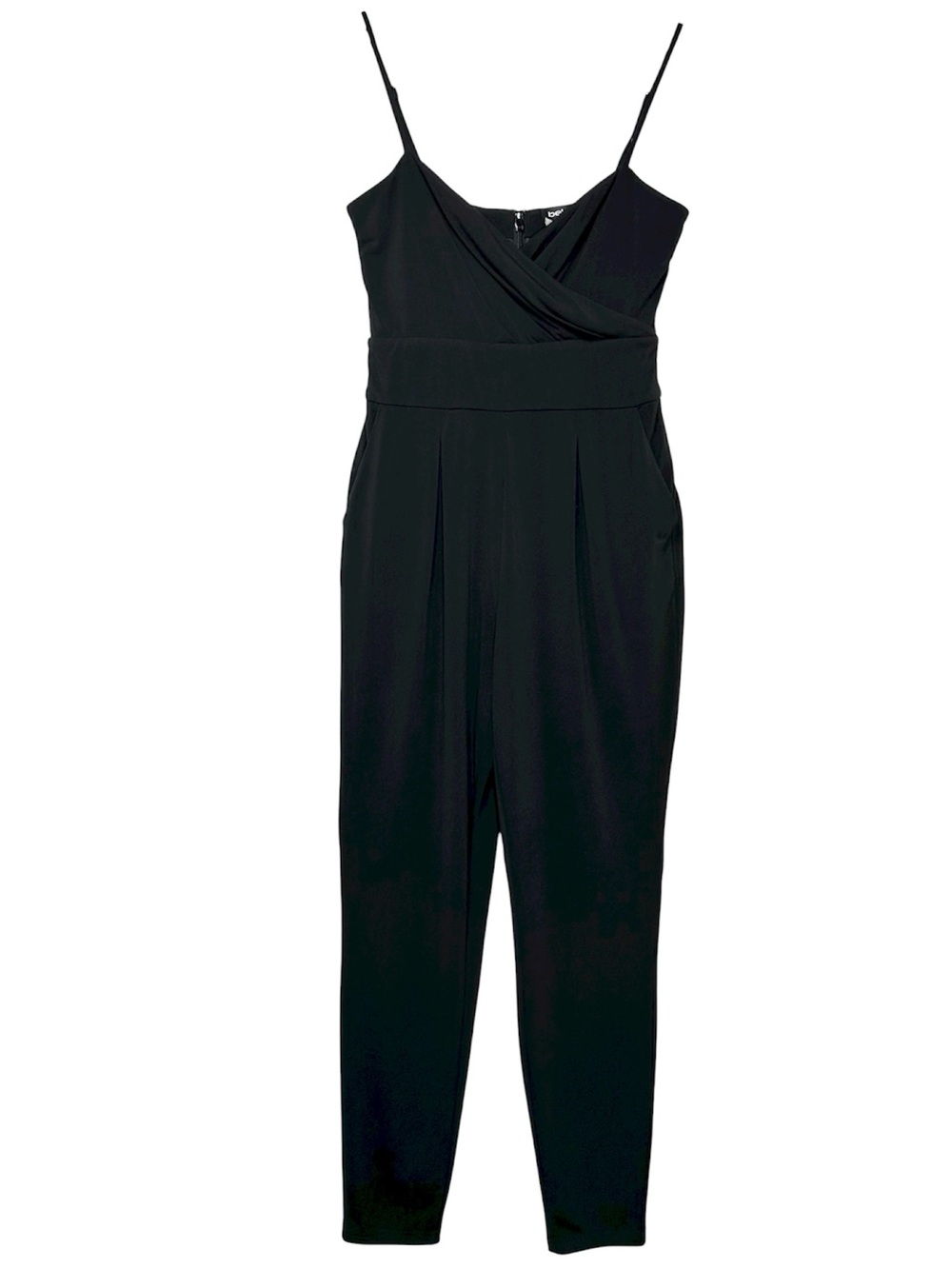 bebe Colbee Stretch black Wrap Pleated Top Straps Pockets Slim Leg Jumpsuit M